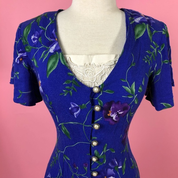 Vintage 80s floral button up purple midi dress 6S - Picture 4 of 7